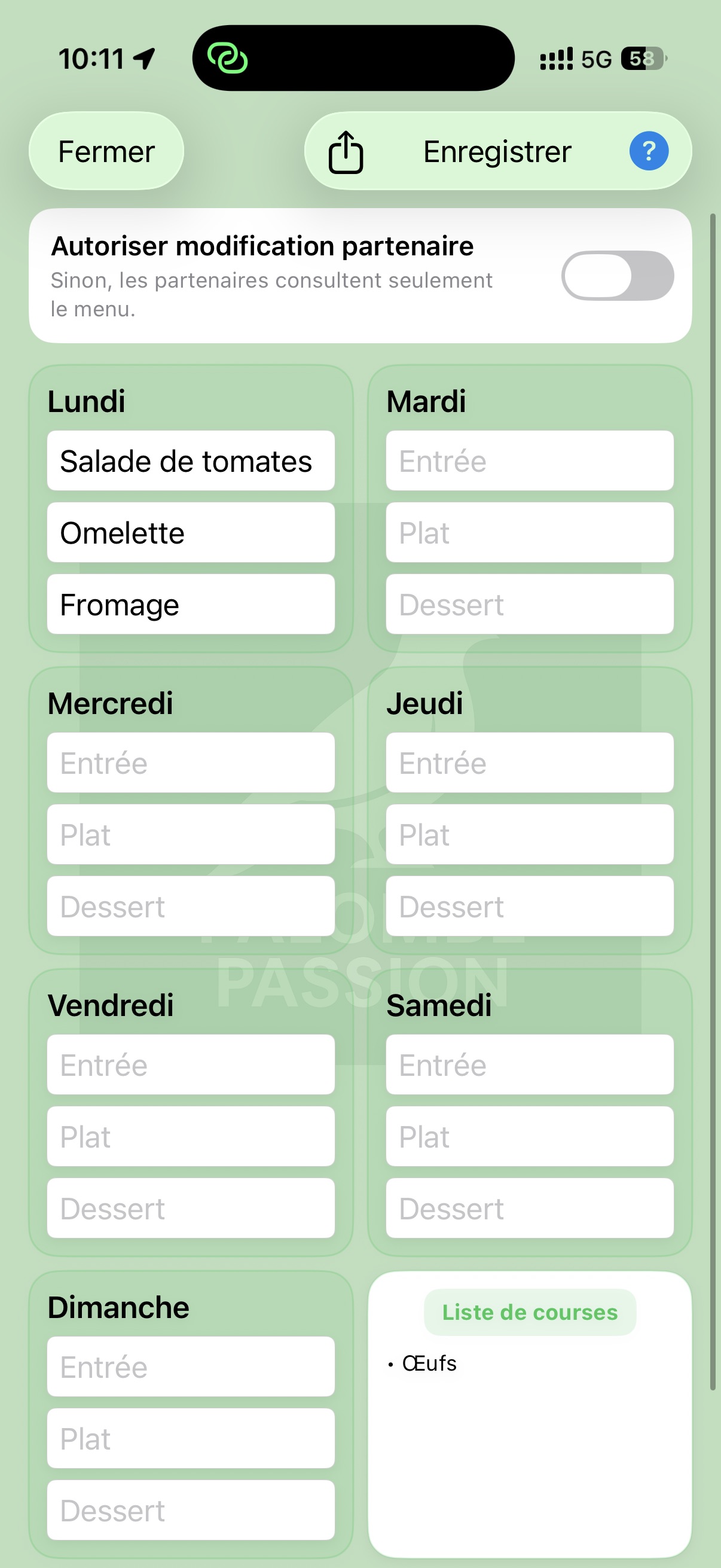 Menu de la semaine partagé